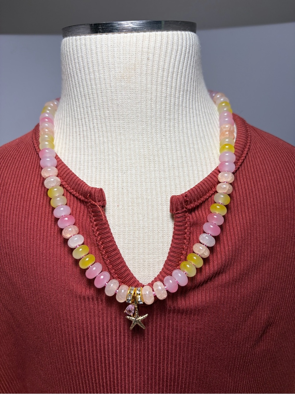 Handmade Pink & Yellow Beaded with Rondelle Gemstones Necklace with Starfish - Picture 5 of 5